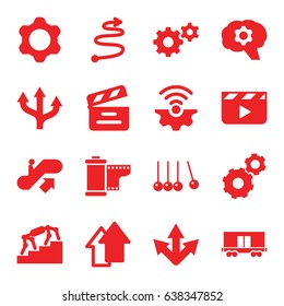 Motion icons set. set of 16 motion filled icons such as escalator up, gear, cargo wagon, movie clapper, camera tape, arrow up, curved arrow, stairs, gear connection