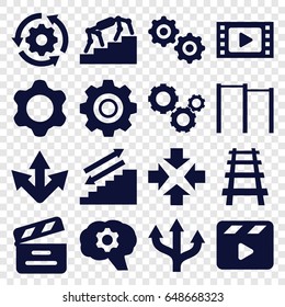 Motion icons set. set of 16 motion filled icons such as railway, movie clapper, gear, gear rotate, stairs, movie tape, move, arrow