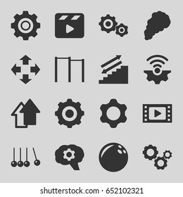 Motion icons set. set of 16 motion filled icons such as movie clapper, gear, smoke, arrow up, gear    sign symb, gear connection, bowling ball, movie tape, cradle, move