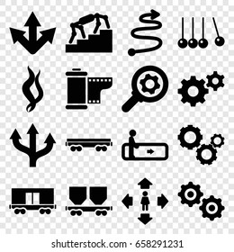 Motion icons set. set of 16 motion filled icons such as escalator, man move, gear, cargo wagon, camera tape, smoke, curved arrow, stairs, cradle
