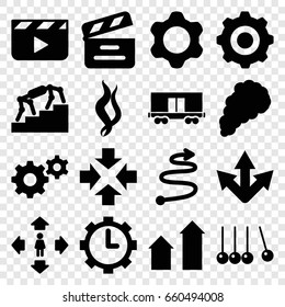Motion icons set. set of 16 motion filled icons such as arrow up, man move, gear, cargo wagon, movie clapper, clock in gear, smoke, gear 