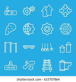 Motion icons set. set of 16 motion outline icons such as escalator, escalator up, arrow up, gear, cargo wagon, railway, open air, camera tape, smoke, gear    sign symb, move
