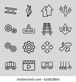 Motion icons set. set of 16 motion outline icons such as escalator up, cargo wagon, railway, movie clapper, open air, camera tape, gear, smoke, arrow up, gear    sign symb