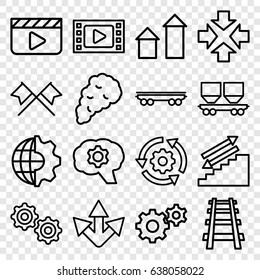Motion icons set. set of 16 motion outline icons such as arrow up, gear, cargo wagon, railway, smoke, move, crossed flags, gear rotate, clobe gear, arrow, stairs