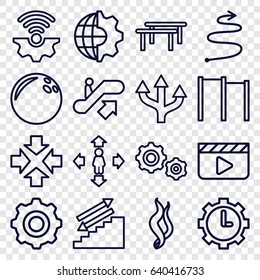 Motion icons set. set of 16 motion outline icons such as escalator up, man move, clock in gear, smoke, gear    sign symb, curved arrow, move, arrow, horizontal bar, stairs