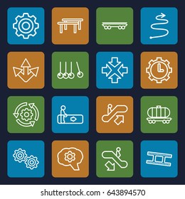 Motion icons set. set of 16 motion outline icons such as escalator, escalator up, escalator down, cargo wagon, clock in gear, camera tape, gear, curved arrow, move, cradle