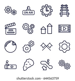 Motion icons set. set of 16 motion outline icons such as escalator, escalator down, arrow up, gear, railway, movie clapper, open air, clock in gear, smoke, gear    sign symb
