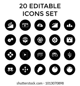 Motion icons. set of 20 editable filled motion icons such as man move, bowling ball, stairs, gear rotate, cargo wagon. best quality motion elements in trendy style.