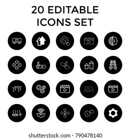 Motion icons. set of 20 editable outline motion icons such as gear, arrow up, escalator, move, cradle, clapper board, clobe gear. best quality motion elements in trendy style.