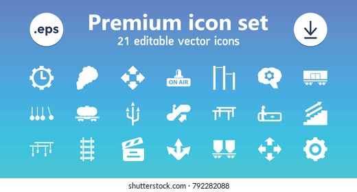 Motion icons. set of 21 editable filled motion icons includes escalator, escalator up, move, horizontal bar, stairs, gear, cargo wagon, movie clapper, open air, arrow