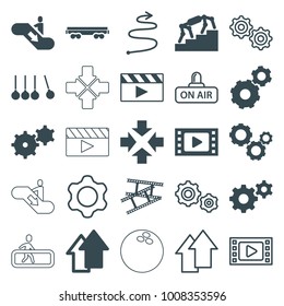 Motion icons. set of 25 editable filled and outline motion icons such as gear, move, movie tape, stairs, cargo wagon, camera tape, arrow up, open air, gear    sign symb