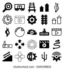 Motion icons. set of 25 editable filled and outline motion icons such as arrow up, move, stairs, gear, railway, open air, smoke, gear    sign symb, curved arrow, escalator