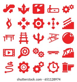 Motion icons set. set of 25 motion filled icons such as escalator, escalator up, gear, man move, cargo wagon, railway, movie clapper, clock in gear, camera tape, smoke