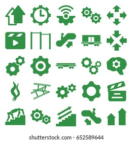 Motion icons set. set of 25 motion filled icons such as escalator up, escalator down, arrow up, gear, cargo wagon, movie clapper, clock in gear, camera tape, smoke, stairs