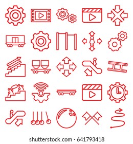 Motion icons set. set of 25 motion outline icons such as escalator up, escalator down, gear, man move, cargo wagon, movie clapper, clock in gear, camera tape, curved arrow