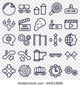 Motion icons set. set of 25 motion outline icons such as escalator, escalator up, escalator down, arrow up, man move, cargo wagon, movie clapper, open air, clock in gear