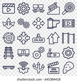 Motion icons set. set of 25 motion outline icons such as escalator, gear, cargo wagon, railway, movie clapper, open air, camera tape, smoke, arrow up, gear    sign symb, move