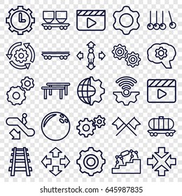 Motion icons set. set of 25 motion outline icons such as escalator down, gear, man move, cargo wagon, railway, movie clapper, clock in gear, move, cradle, crossed flags