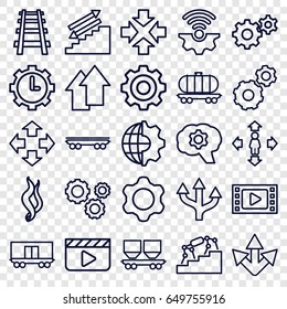 Motion icons set. set of 25 motion outline icons such as gear, man move, cargo wagon, railway, clock in gear, smoke, arrow up, move, stairs, arrow, clapper board