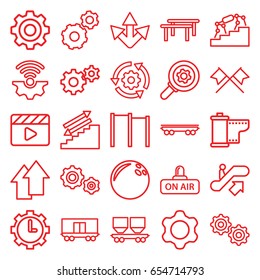 Motion icons set. set of 25 motion outline icons such as escalator up, gear, cargo wagon, movie clapper, open air, clock in gear, camera tape, arrow up, crossed flags, stairs