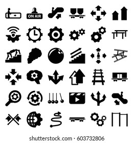 Motion icons set. set of 36 motion filled icons such as escalator, escalator up, escalator down, arrow up, gear, man move, cargo wagon, railway, open air, clock in gear
