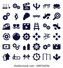 Motion icons set. set of 36 motion filled icons such as escalator, escalator up, escalator down, arrow up, gear, cargo wagon, railway, movie clapper, clock in gear