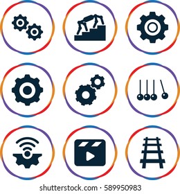 motion icons set. Set of 9 motion filled icons such as gear, railway, movie clapper, gear    sign symb, stairs, gear connection