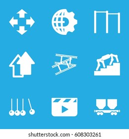 Motion icons set. set of 9 motion filled icons such as cargo wagon, camera tape, arrow up, clobe gear, stairs, clapper board, cradle, move