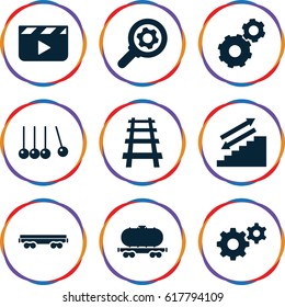 Motion icons set. set of 9 motion filled icons such as gear, cargo wagon, railway, clapper board, cradle
