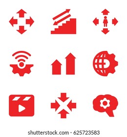 Motion icons set. set of 9 motion filled icons such as arrow up, man move, movie clapper, gear, clobe gear, gear connection, move