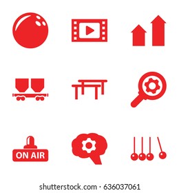 Motion icons set. set of 9 motion filled icons such as arrow up, cargo wagon, open air, gear, bowling ball, movie tape, cradle