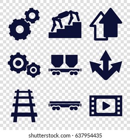 Motion icons set. set of 9 motion filled icons such as gear, cargo wagon, railway, arrow up, gear    sign symb, stairs, movie tape