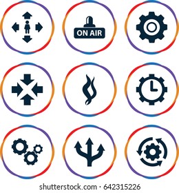 Motion icons set. set of 9 motion filled icons such as man move, open air, clock in gear, gear, smoke, gear rotate, move