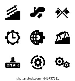 Motion icons set. set of 9 motion filled icons such as escalator up, open air, clock in gear, gear    sign symb, crossed flags