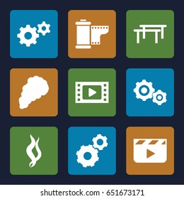 Motion icons set. set of 9 motion filled icons such as gear, camera tape, smoke, gear    sign symb, clapper board, movie tape
