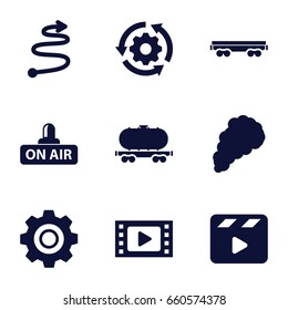 Motion icons set. set of 9 motion filled icons such as cargo wagon, movie clapper, open air, gear, smoke, curved arrow, gear rotate