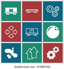 Motion icons set. set of 9 motion filled and outline icons such as escalator down, gear, cargo wagon, arrow up, bowling ball