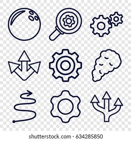 Motion icons set. set of 9 motion outline icons such as gear, smoke, curved arrow, arrow