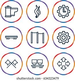 Motion icons set. set of 9 motion outline icons such as cargo wagon, clock in gear, camera tape, gear, smoke, move, crossed flags