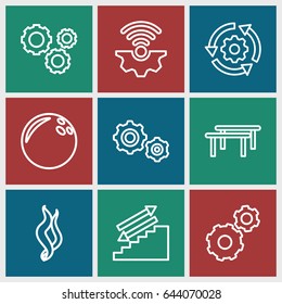 Motion icons set. set of 9 motion outline icons such as gear, smoke, gear    sign symb, horizontal bar, stairs
