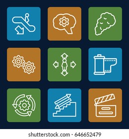Motion icons set. set of 9 motion outline icons such as escalator down, man move, movie clapper, camera tape, gear, smoke, gear rotate