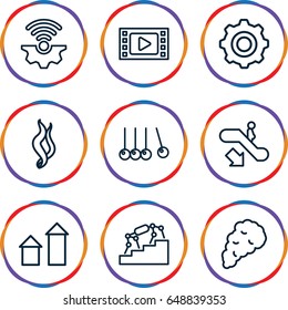 Motion icons set. set of 9 motion outline icons such as escalator down, arrow up, smoke, gear    sign symb, cradle, stairs, gear connection