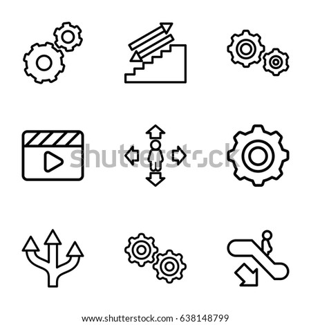 Motion icons set. set of 9 motion outline icons such as escalator down, gear, man move, movie clapper, gear  sign symb, arrow