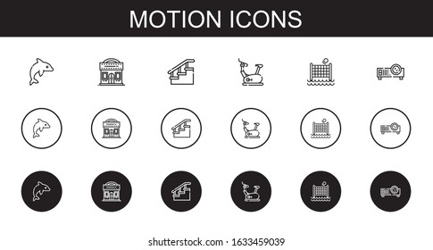 motion icons set. Collection of motion with dolphin, cinema, stairs, stationary bike, volley, projector. Editable and scalable motion icons.