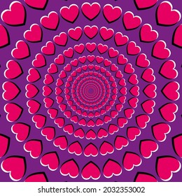 Motion illusion with heart symbols. Peripheral drift illusion, made of pink hearts on a purple background. It seems, the hearts are moving and drifting to the center, while you move your eyes. Vector.