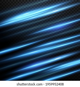 Motion light effect for banners. Blue lines. The effect of speed on a blue background. Red lines of light, speed and movement. Vector lens flare.