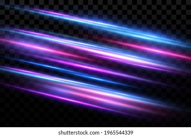 Efecto de luz de movimiento para los carteles. Líneas azules. El efecto de la velocidad sobre un fondo azul. Líneas rojas de luz, velocidad y movimiento. Llamada de lente vectorial.