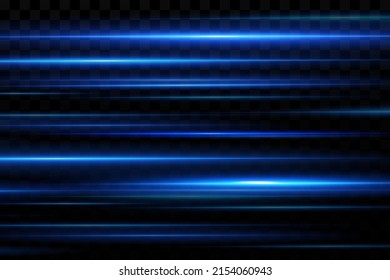 Efecto de luz de movimiento para los carteles. Líneas azules. El efecto de la velocidad sobre un fondo azul. Líneas rojas de luz, velocidad y movimiento. Llamada de lente vectorial.