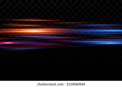 Efecto de luz de movimiento para los carteles. Líneas azules. El efecto de la velocidad sobre un fondo azul. Líneas rojas de luz, velocidad y movimiento. Llamada de lente vectorial.