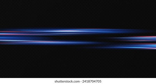 Efecto de luz de movimiento para los carteles. Líneas azules. El efecto de la velocidad sobre un fondo azul. Líneas rojas de luz, velocidad y movimiento. Llamada de lente vectorial.	